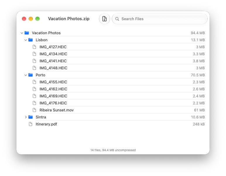 The contents of Vacation Photos.zip: folders for Lisbon, Porto and Sintra with HEIC photos, a video and file sizes, 14 files and 94.4 MB in total