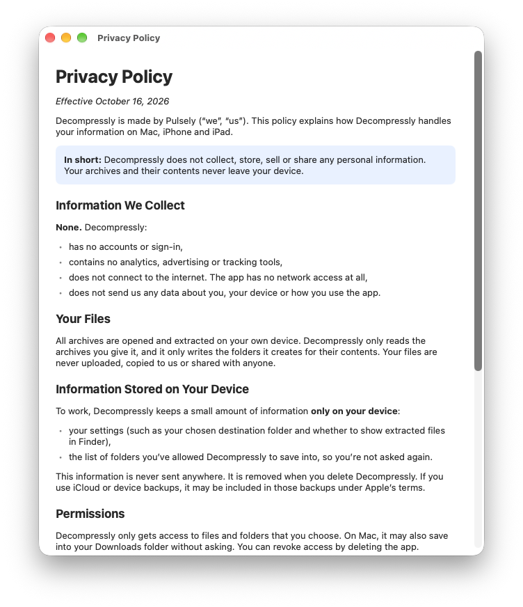 Decompressly's built-in privacy policy: it does not collect, store, sell or share any personal information
