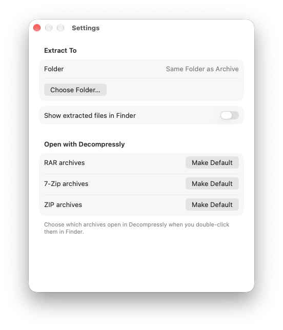 Decompressly Settings on Mac, with Make Default buttons for RAR, 7-Zip and ZIP archives