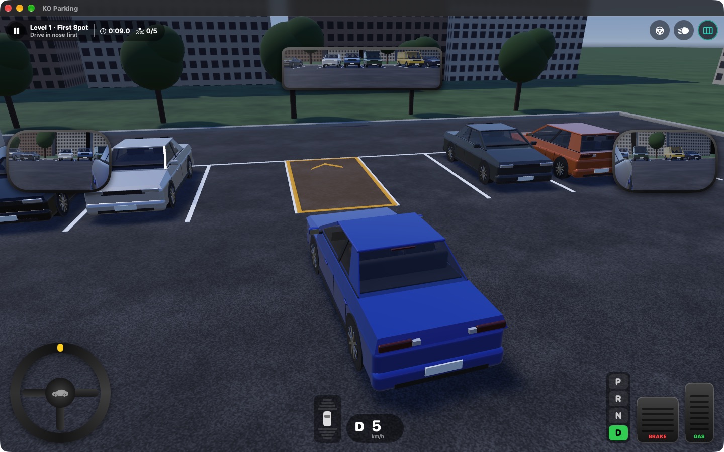 KO Parking on Mac: a blue car lining up with a glowing bay in a sunny car park, with mirrors, gear selector and pedals on screen