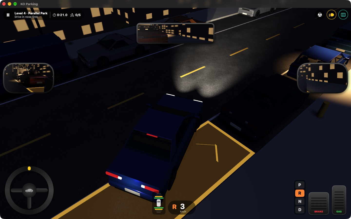 Parallel parking on a downtown street at night on Mac, with headlights and mirrors