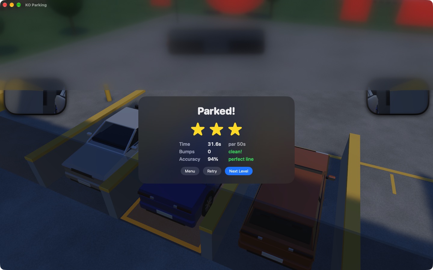 The Parked! results card with three stars, time, bumps and accuracy