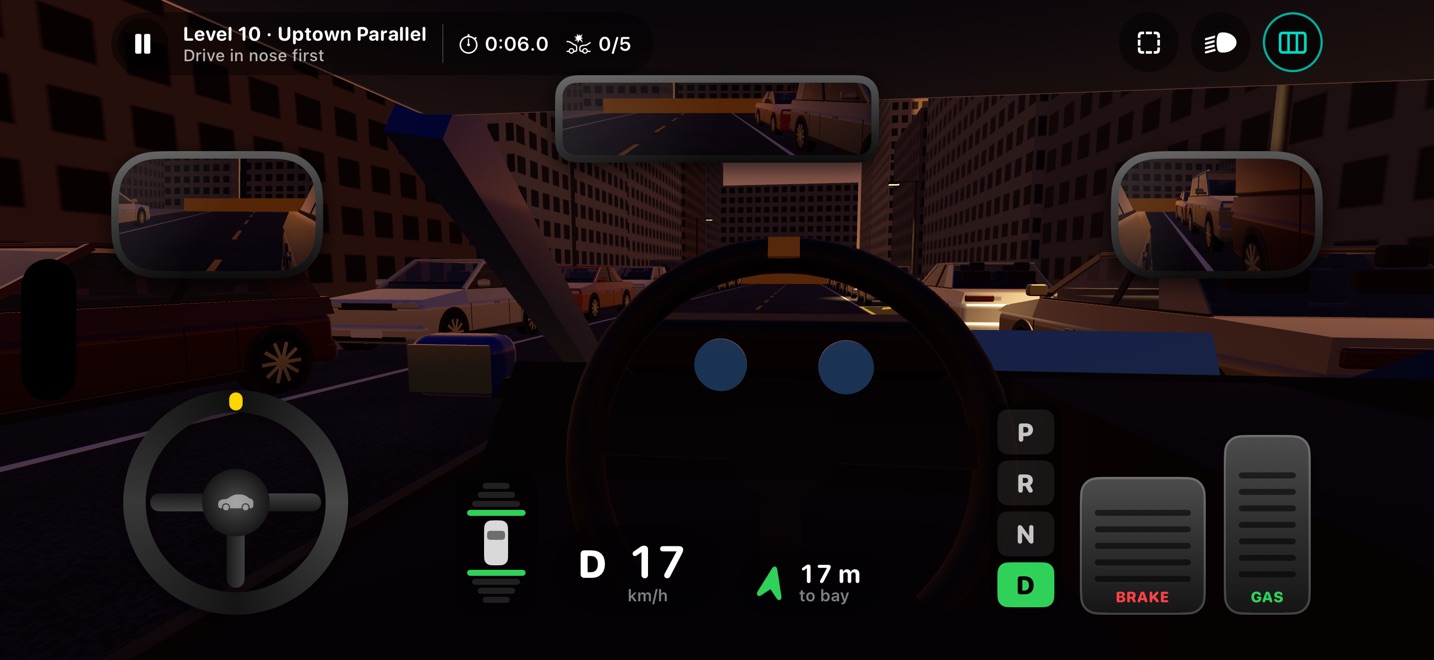 Dashboard view from the driver's seat with a working steering wheel, on iPhone