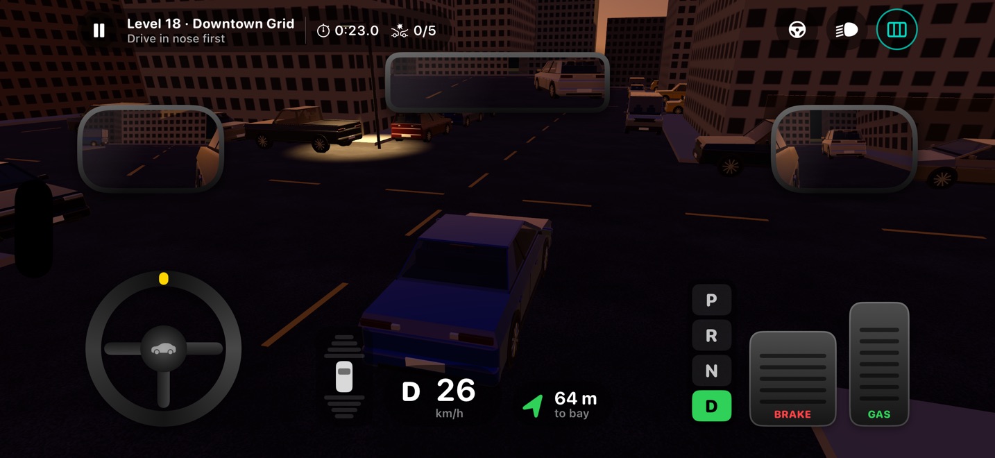 Driving through a city grid at sunset with the bay arrow pointing the way