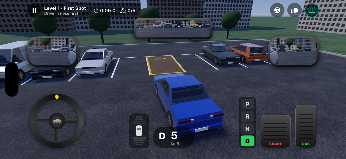 A blue car pulling into an empty bay in a sunny car park