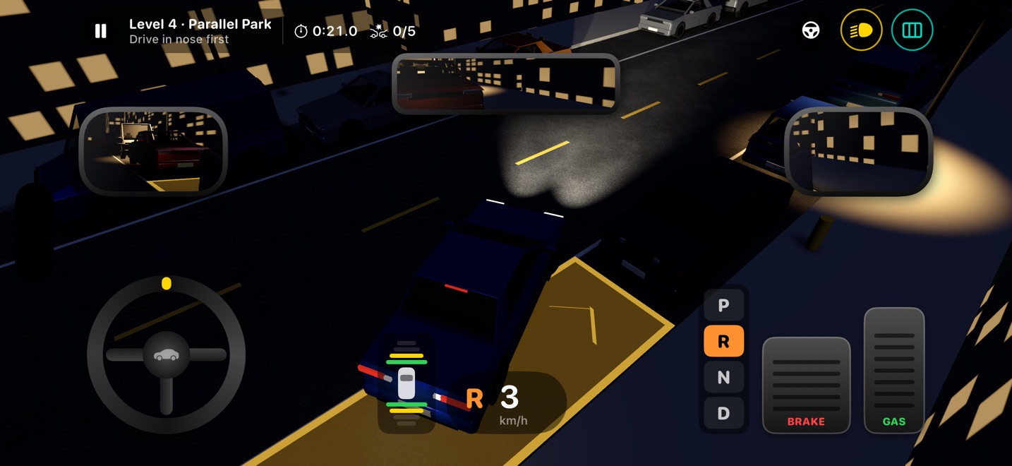 Reversing into a parallel parking gap on a city street at night