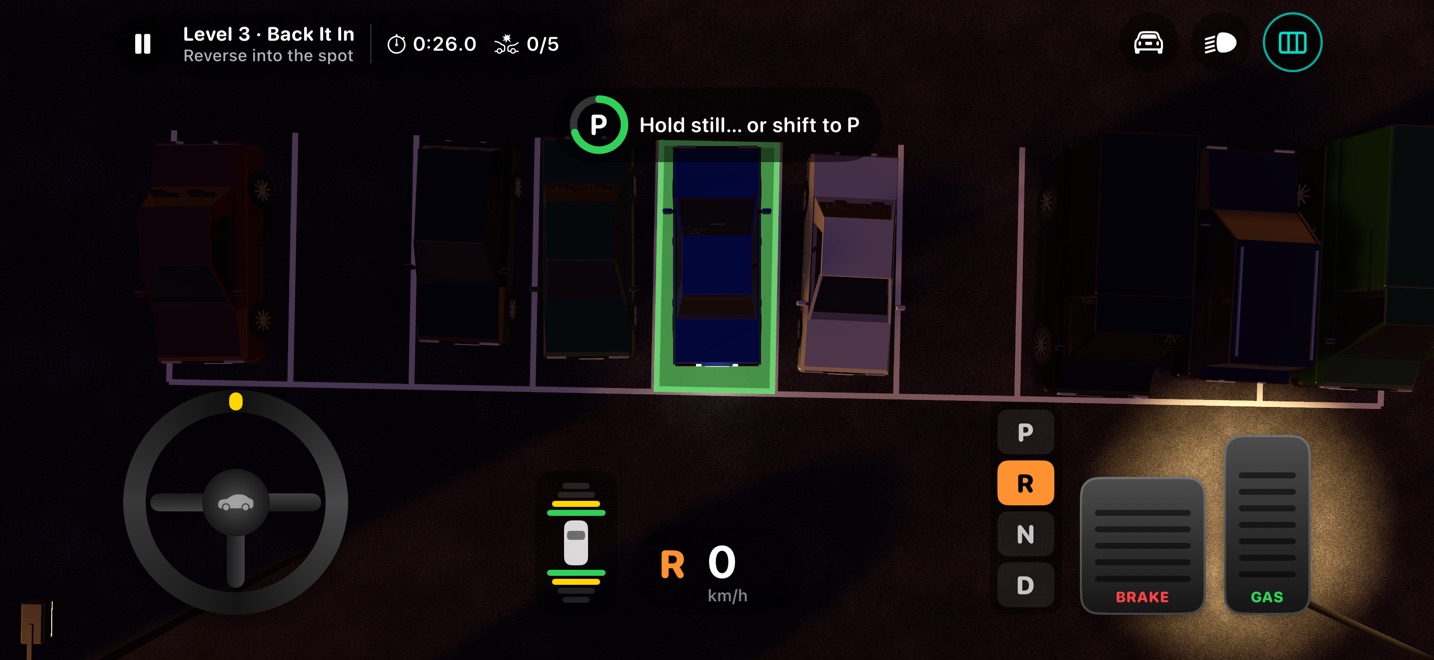 Top-down view of a car reversed into a glowing green bay, with the park ring filling up
