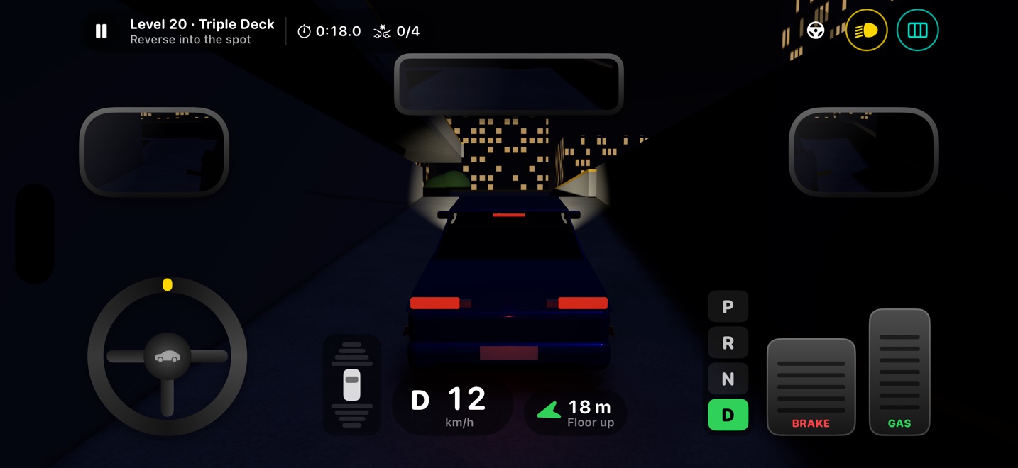 Climbing the ramp of a three-storey car park at night, on iPhone