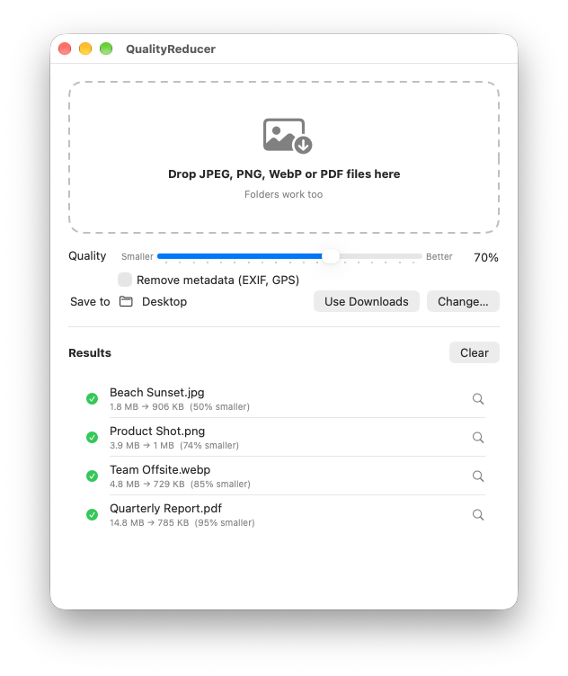 QualityReducer on Mac at 70% quality: Beach Sunset.jpg went from 1.8 MB to 906 KB, Product Shot.png from 3.9 MB to 1 MB, Team Offsite.webp from 4.8 MB to 729 KB, and Quarterly Report.pdf from 14.8 MB to 785 KB