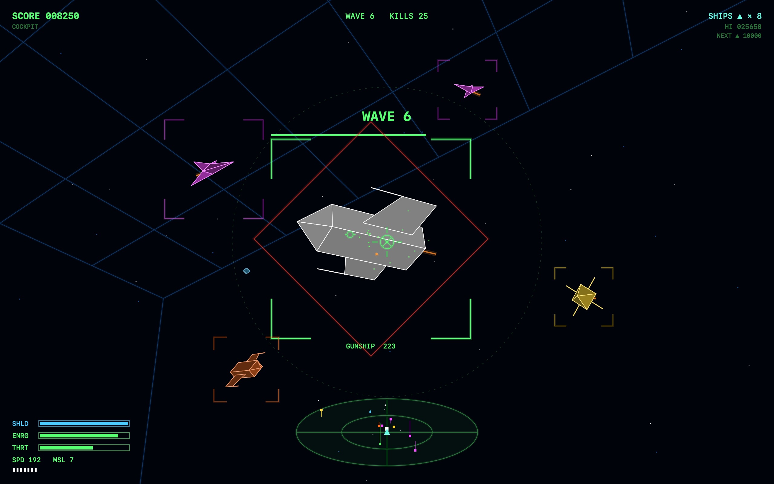 VecStrike cockpit view: a gunship locked in the targeting box, with interceptors and drones nearby