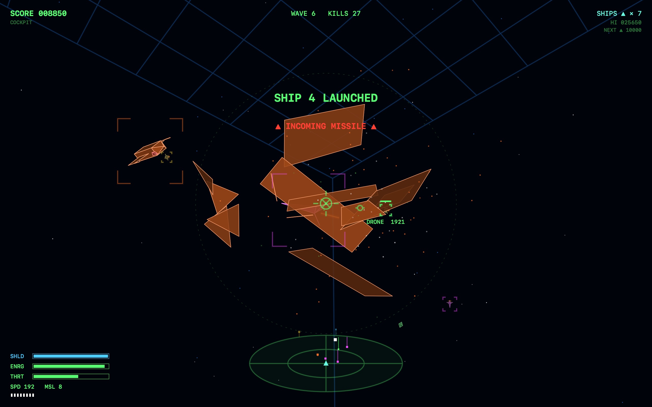 An enemy ship breaking apart into shards after a laser kill