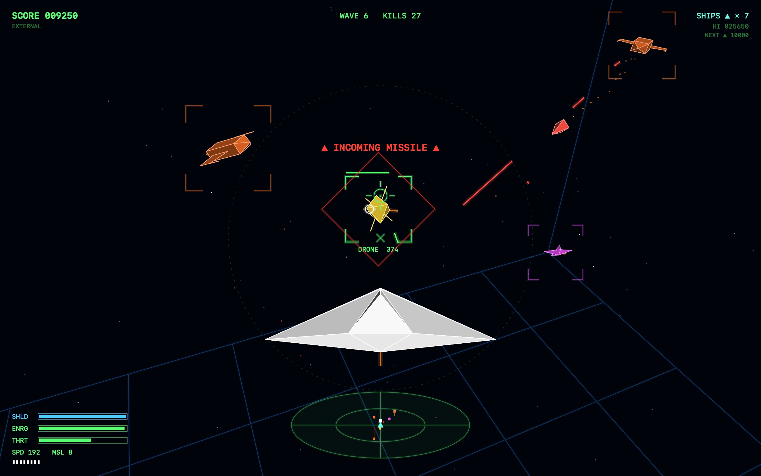 Chase camera view behind the player's fighter as an enemy missile closes in
