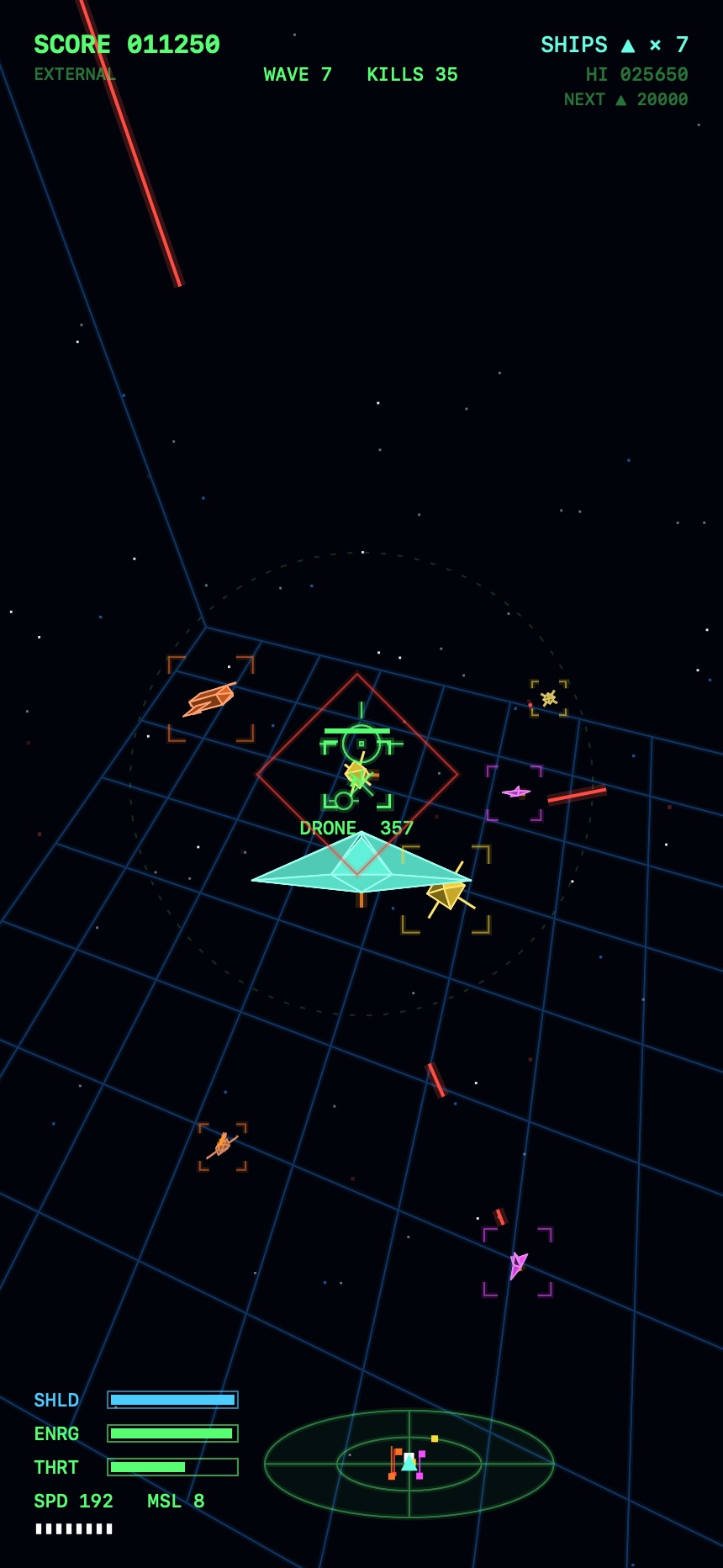 VecStrike chase view on iPhone over the arena grid